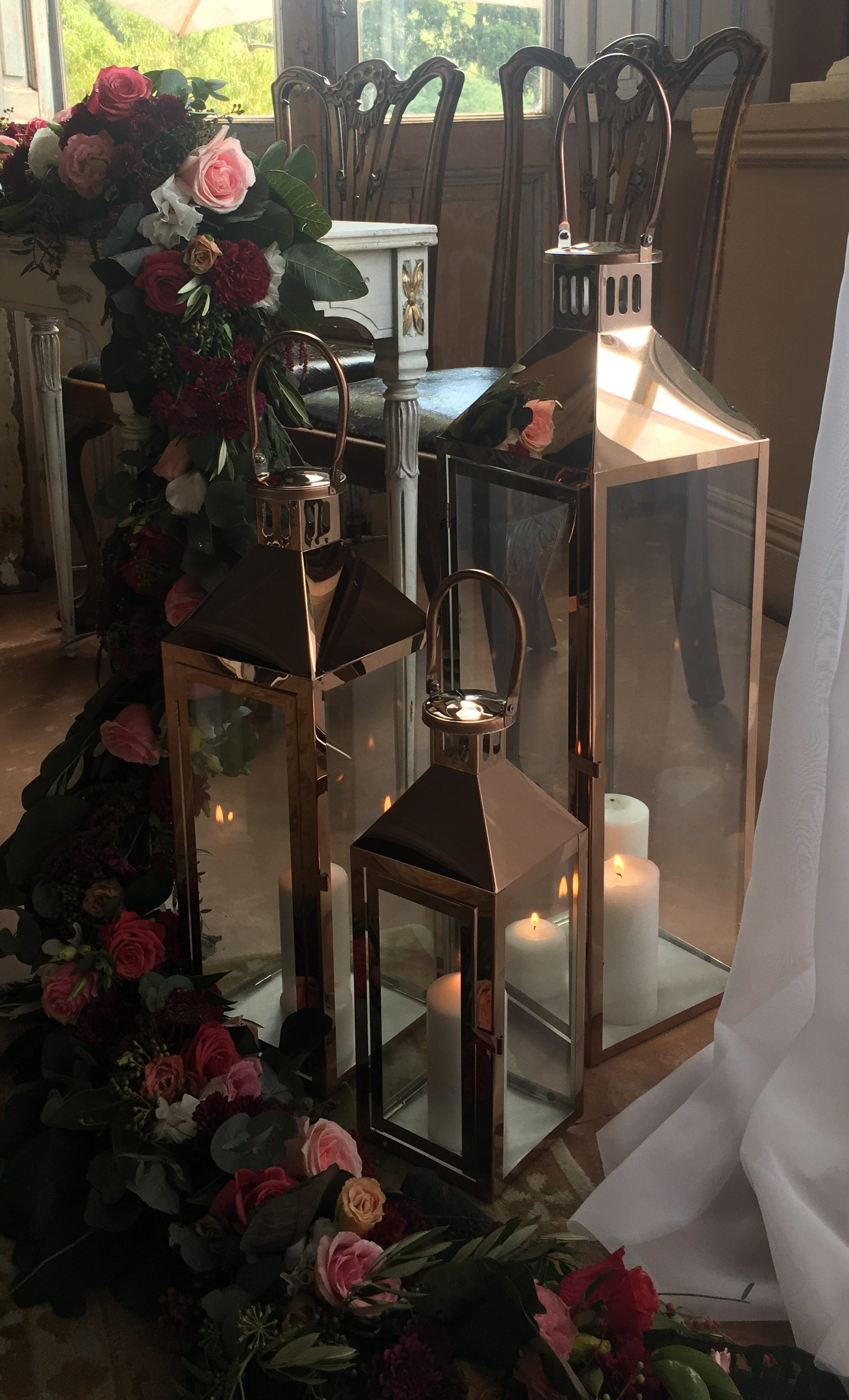 Trio of Copper and Glass Lanterns A Day to Remember Event Hire