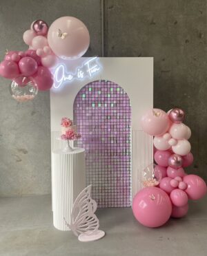 pink shimmer, butterfly, disney encanto, kids birthday,wedding, event, hire, melbourne, party, engagement, display table, backdrop, sails, arch, ripple plinth, balloon garland