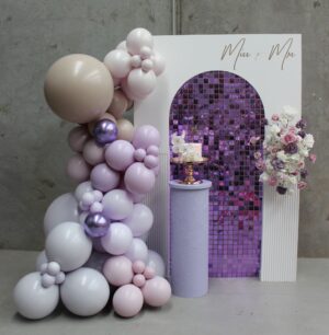 purple shimmer, hens, miss to mrs, kids birthday,wedding, event, hire, melbourne, party, engagement, display table, backdrop, sails, arch, ripple plinth, balloon garland