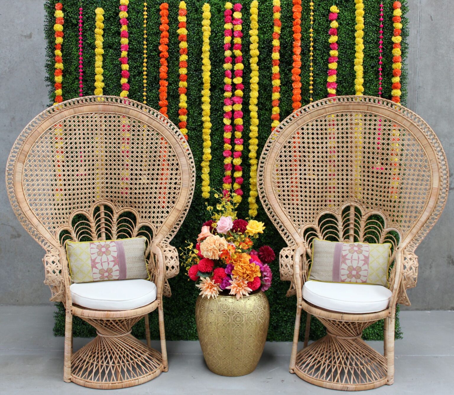Arbor's and Backdrops Marigold Backdrop and Peacock Chair Package A