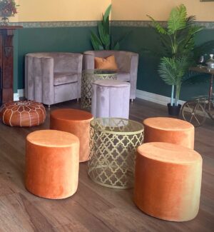 burnt orange, ottoman, armchair, shell couch, furniture hire, event hire, lounge hire, melbourne, wedding, engagement, party hire