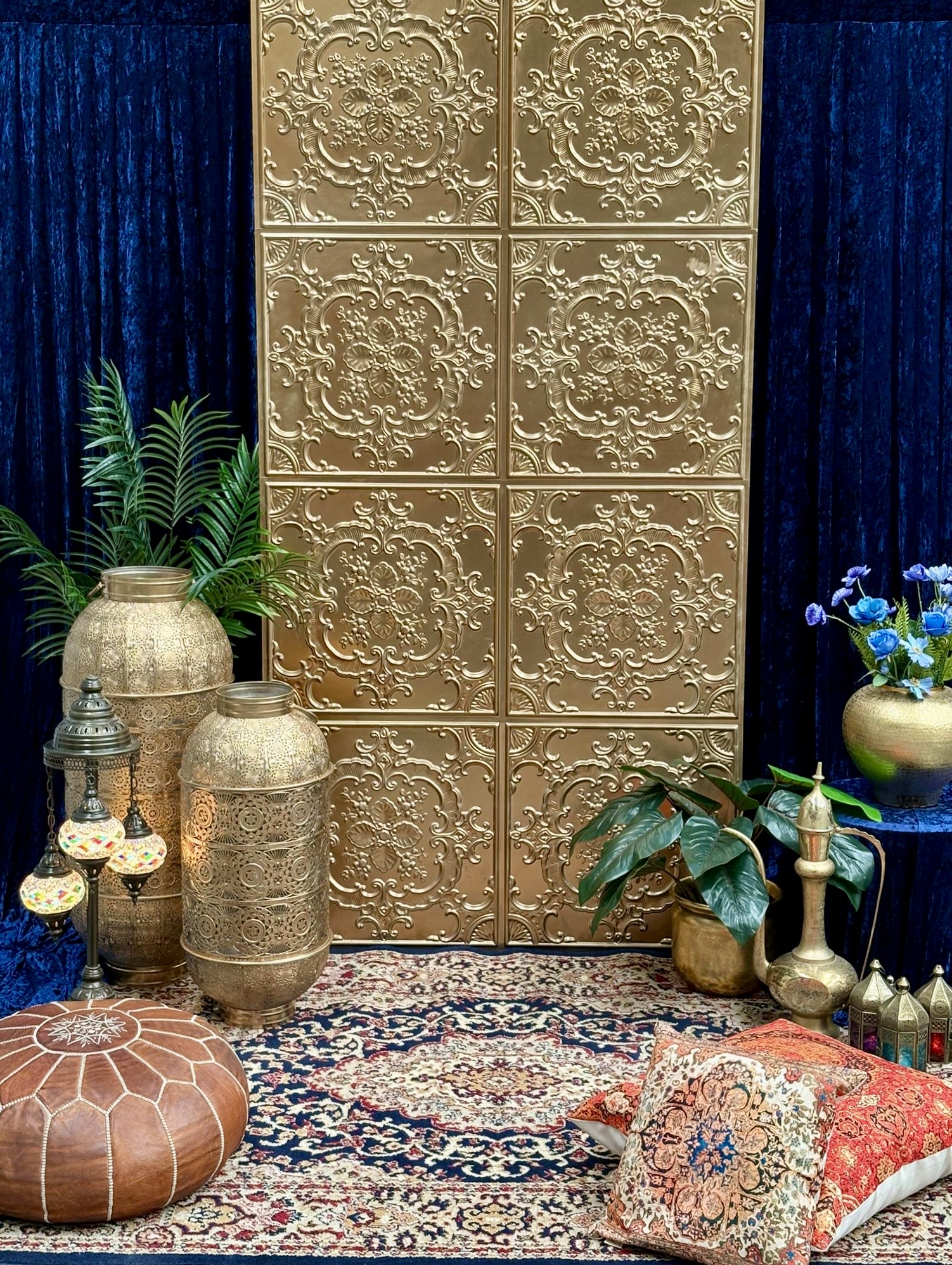 Sapphire Blue and Gold Backdrop draping curtain hire, arabian hire melbourne, prop hire arabian, arabian backdrop, moroccan prop hire, indian wedding hire, indian backdrop hire, henna, mehndi, mornington peninsula