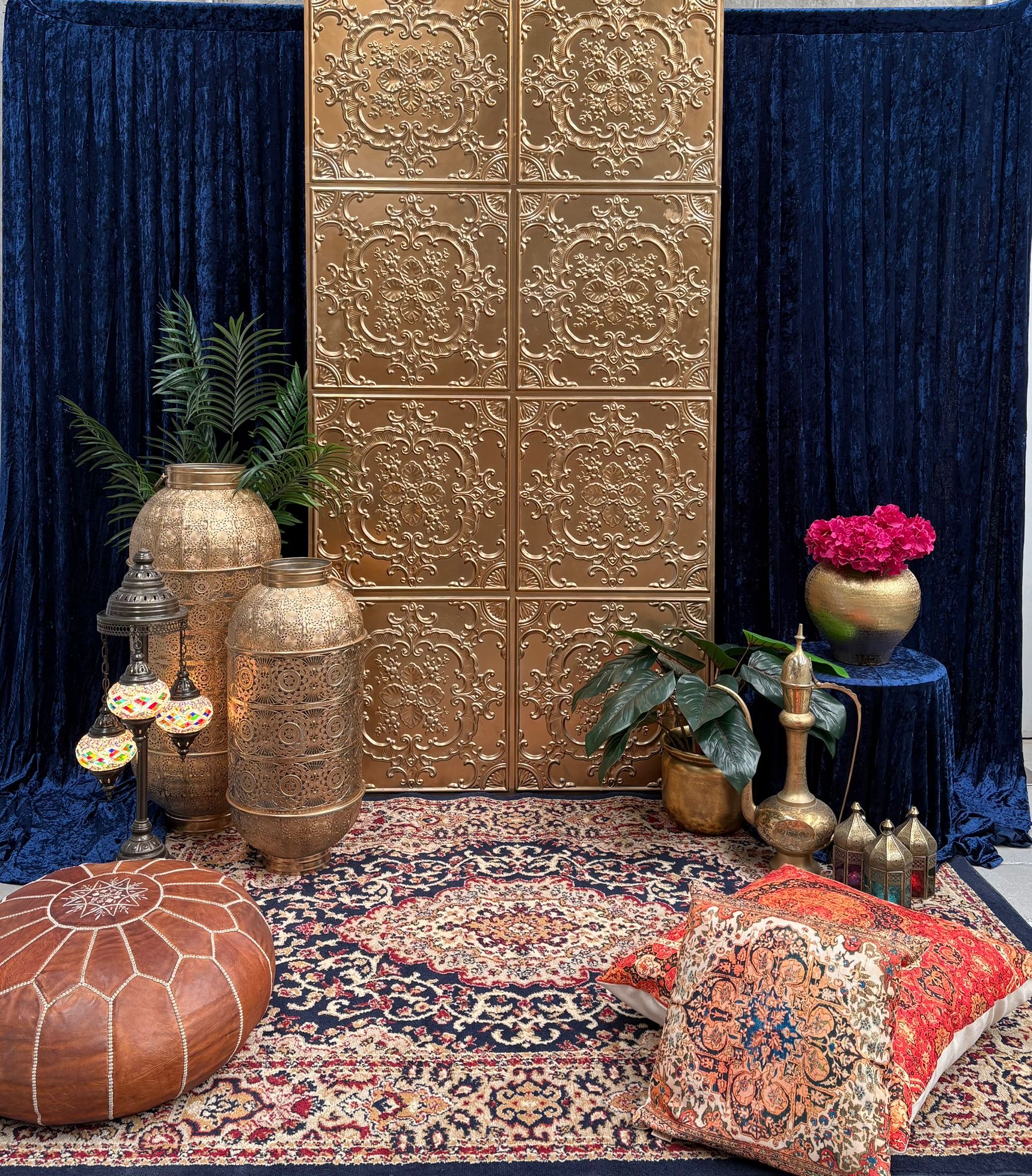 Blue Sapphire and Gold Arabian Package draping curtain hire, arabian hire melbourne, prop hire arabian, arabian backdrop, moroccan prop hire, indian wedding hire, indian backdrop hire, henna, mehndi, mornington peninsula
